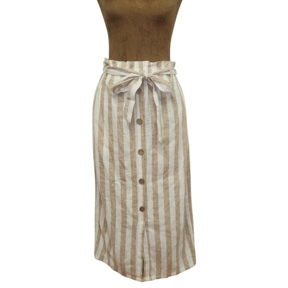Love Tree Dresses & Skirts - Love Tree Linen Blend Striped Midi Skirt Tan White Paperbag Waist Button Front M
